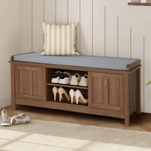 2-Tier Wooden Shoe Storage Bench with Sliding Doors